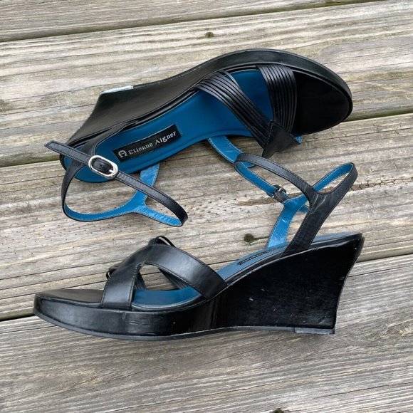 Etienne Aigner Women Shoes Wedge Heel Black Leather Upper Sandal Size 9M - Picture 12 of 12